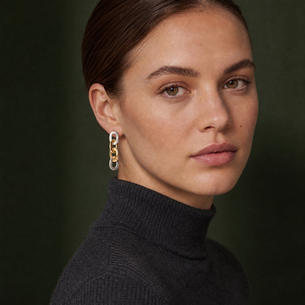 Sister and Brother Drop Earrings worn on model – Golden Horn Jewellery