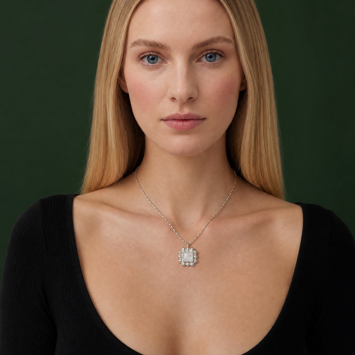 Soap And Bubble Moonstone Silver Pendant worn on model – Golden Horn Jewellery