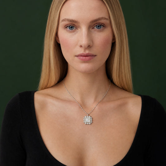 Soap And Bubble Moonstone Silver Pendant worn on model – Golden Horn Jewellery