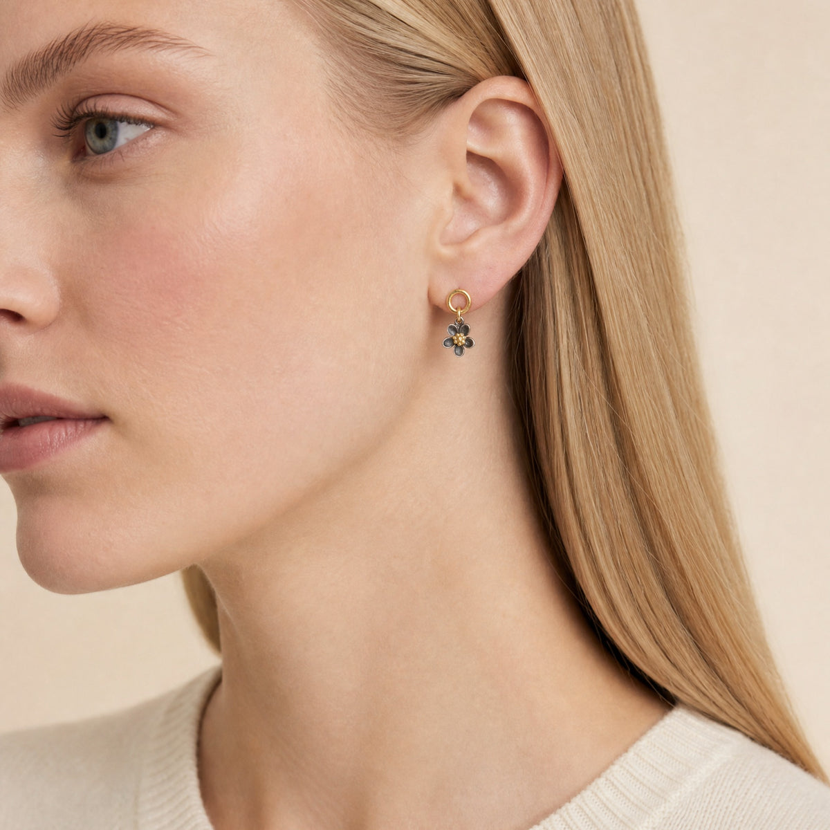Spring Flower Circle Stud Earrings close-up on model, profile – Golden Horn Jewellery