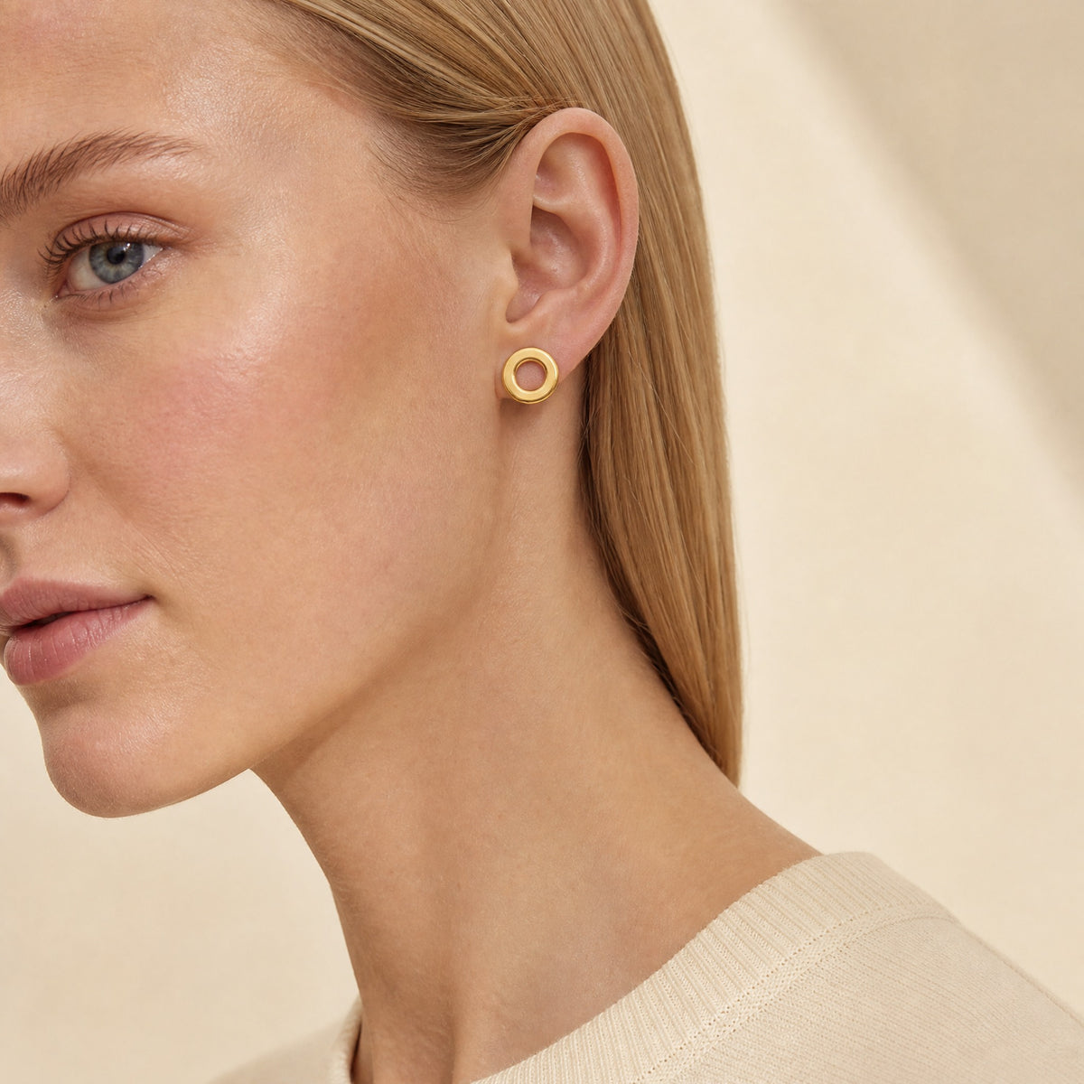 Timeless Circle Stud Earrings close-up on model – Golden Horn Jewellery