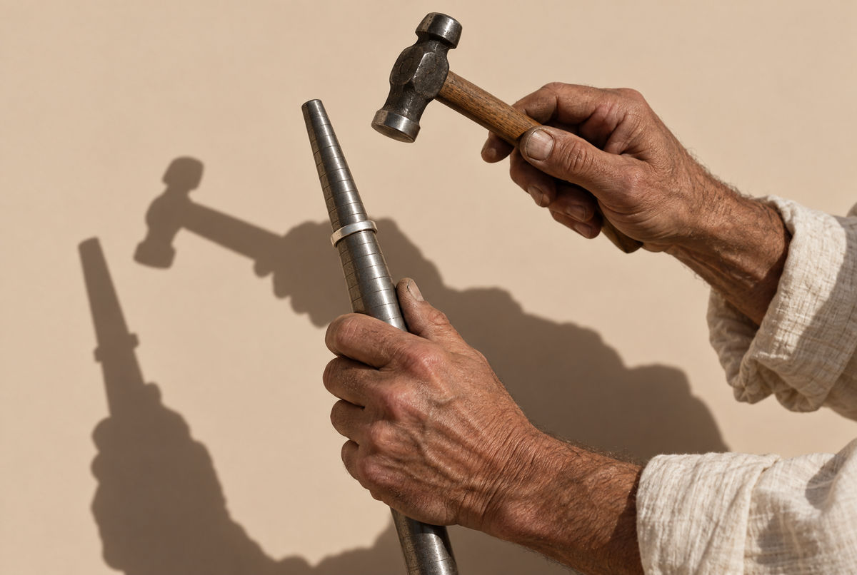 Silversmith shaping a sterling silver ring on a mandrel with a jeweller's hammer