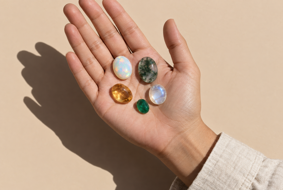 Open palm holding old-stock gemstone cabochons — opal, moss agate, moonstone, citrine, emerald