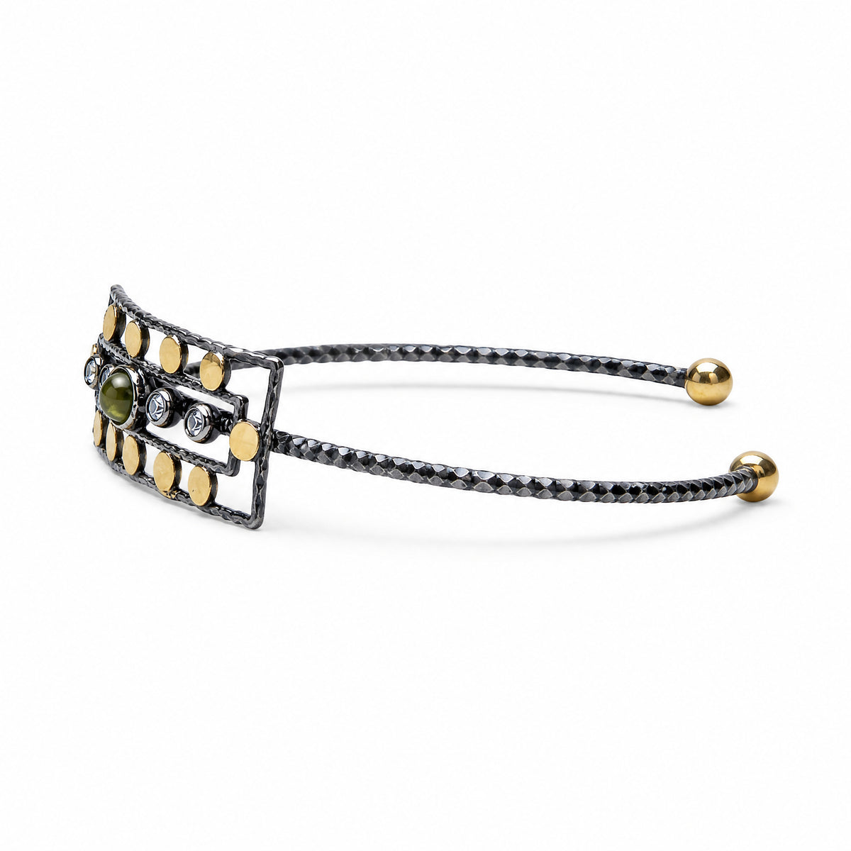 Ancient Queen Gemstone Bracelet side profile showing the slim faceted band and open cuff ends – handmade jewellery by Golden Horn