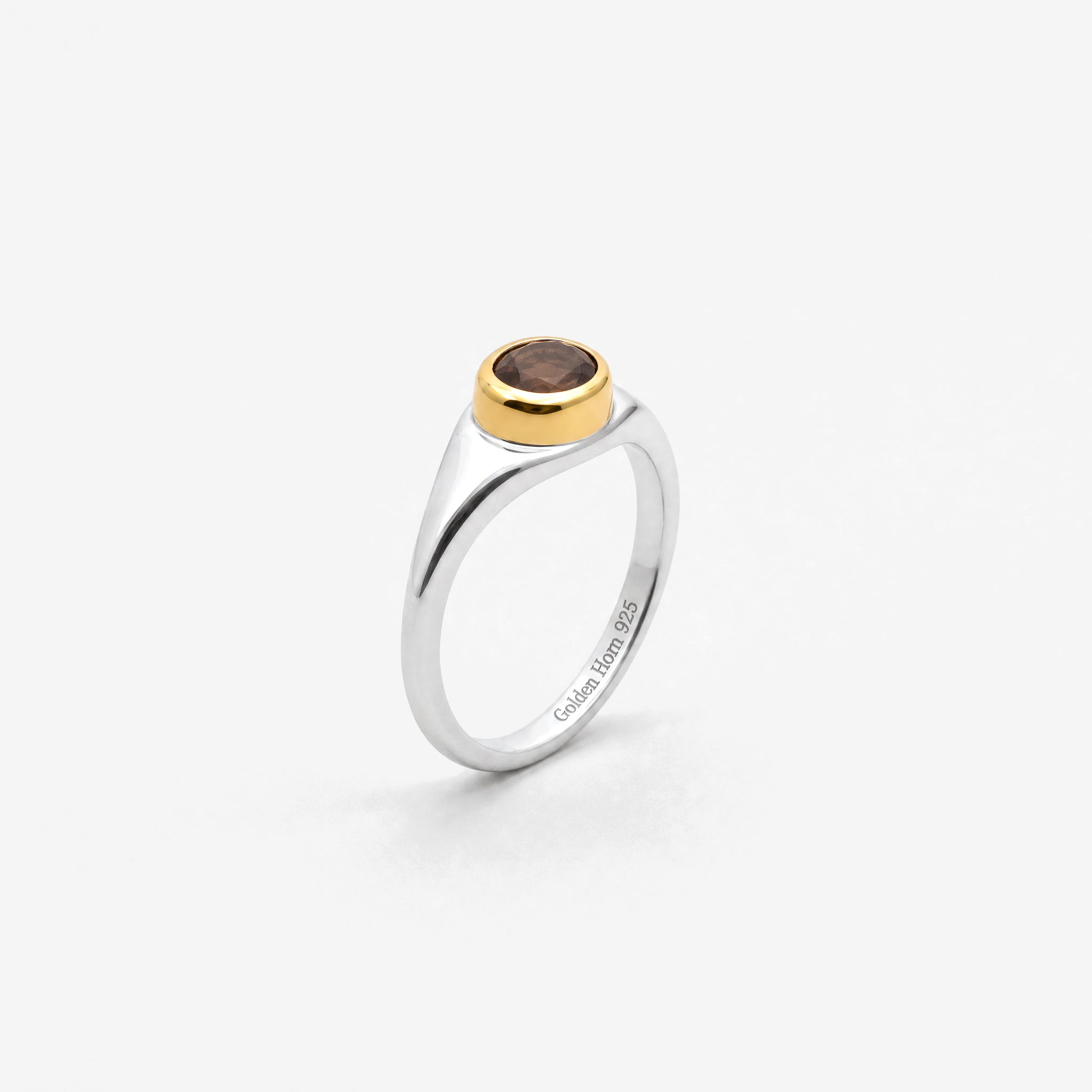 April Brown Diamond Birthstone Ring in sterling silver with gold bezel, three-quarter view - Golden Horn Jewellery