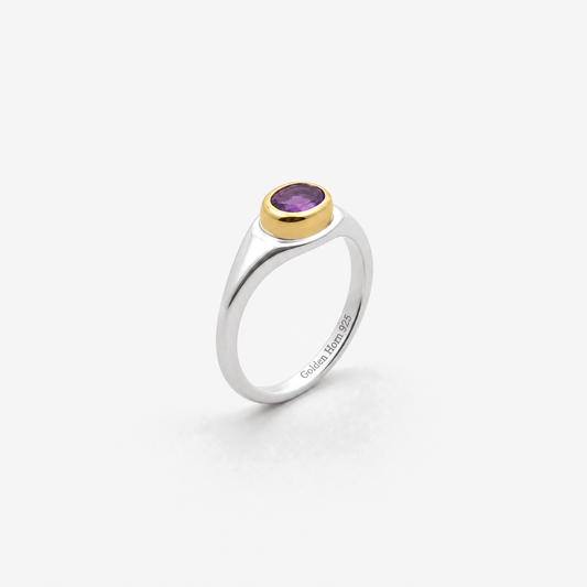 February Amethyst Birthstone Ring in sterling silver with gold bezel, three-quarter view - Golden Horn Jewellery