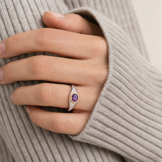 February Amethyst Birthstone Ring close-up on hand, amethyst in gold bezel - Golden Horn Jewellery
