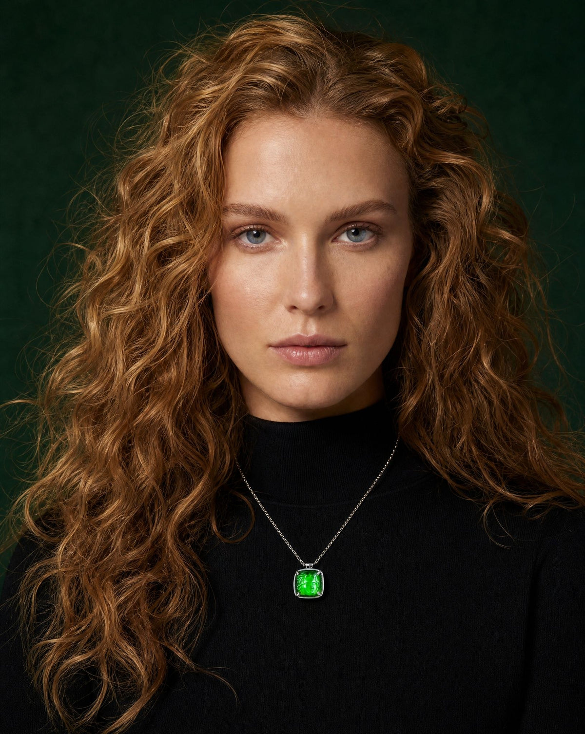 Model wearing the Golden Horn green agate Medusa silver pendant necklace