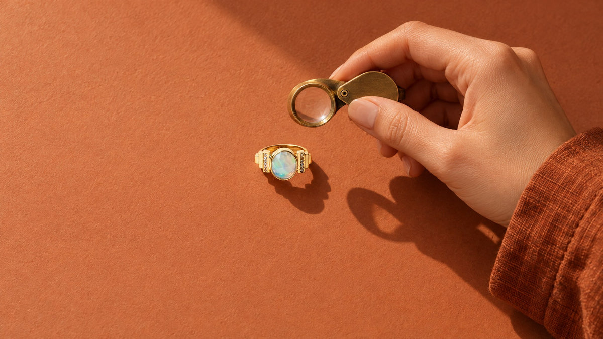 Inspecting a Golden Horn moonstone ring with a jeweller's loupe