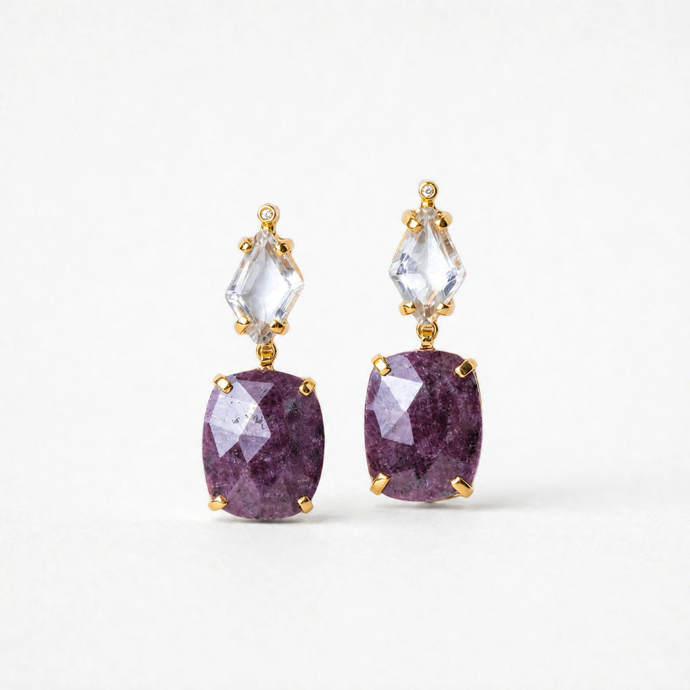 Helen Antique Gemstone Earrings – white zircon and raw sapphire drop earrings in 18k gold-plated sterling silver – Golden Horn Jewellery