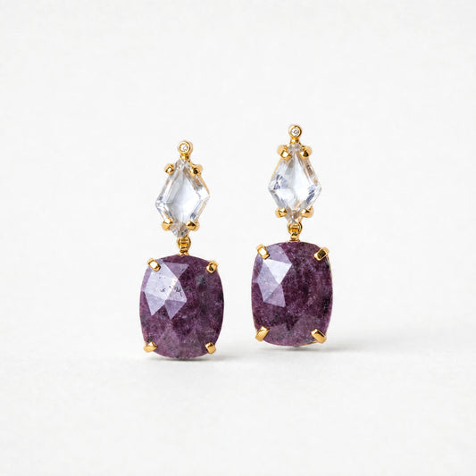 Helen Antique Gemstone Earrings – white zircon and raw sapphire drop earrings in 18k gold-plated sterling silver – Golden Horn Jewellery