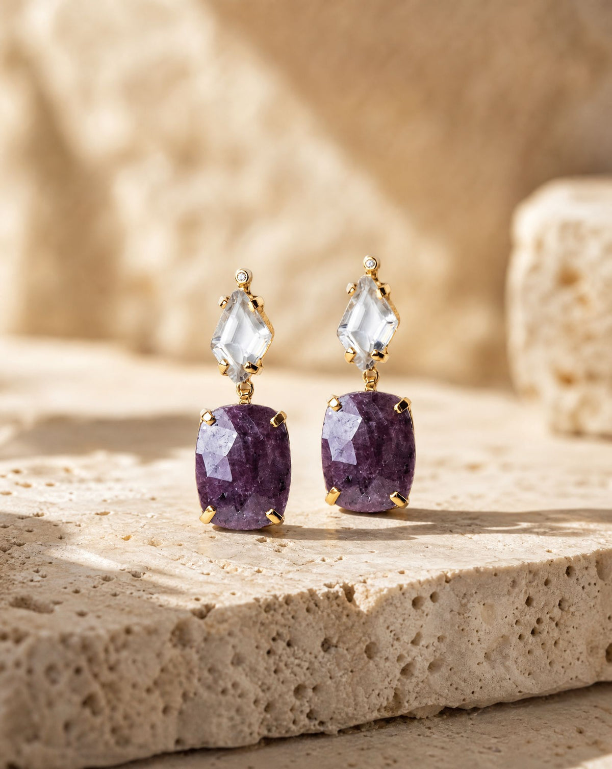 Helen Antique Gemstone Earrings close-up on stone – gold-plated prong settings with white zircon and purple sapphire – Golden Horn Jewellery