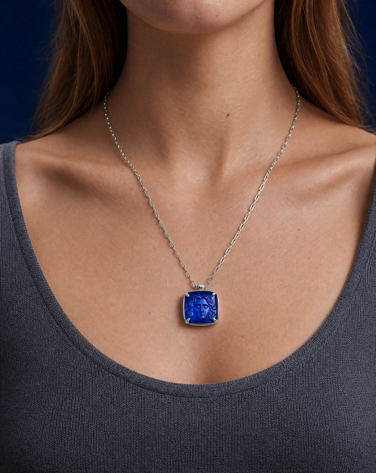 Medusa Blue Agate Silver Pendant Necklace close-up at the collarbone – Golden Horn Jewellery