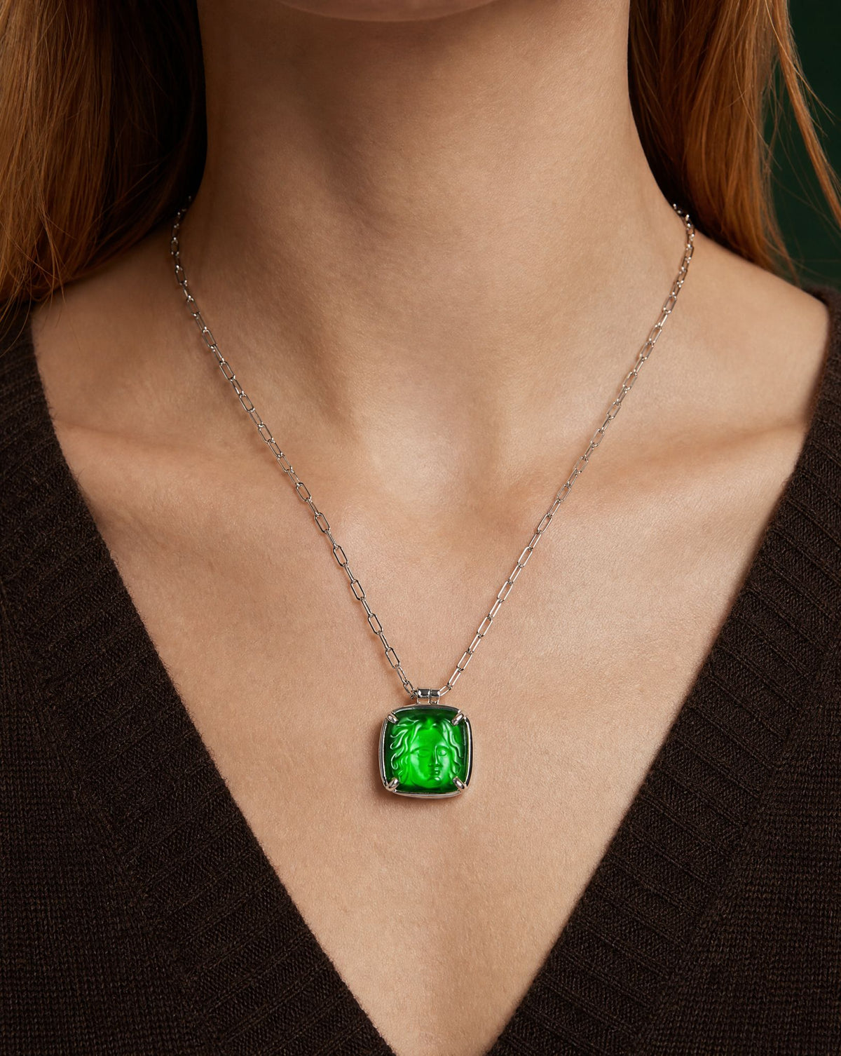 Medusa Green Agate Silver Pendant Necklace close-up at the collarbone – Golden Horn Jewellery