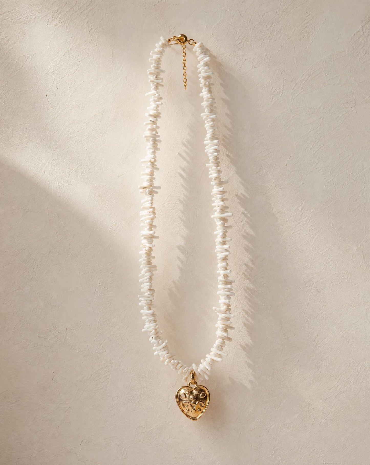 Coral Heart Necklace, white branch coral and gold heart – Golden Horn Jewellery