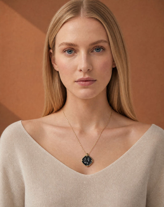 Apollo Black Agate Pendant Necklace worn – Golden Horn Jewellery