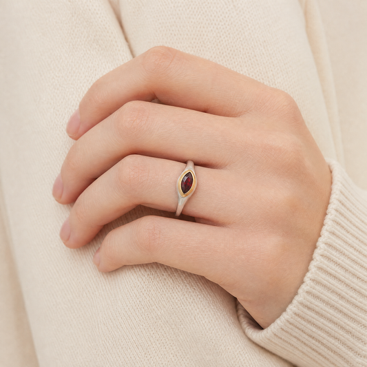January Garnet Birthstone Ring close-up on hand, garnet in gold bezel - Golden Horn Jewellery