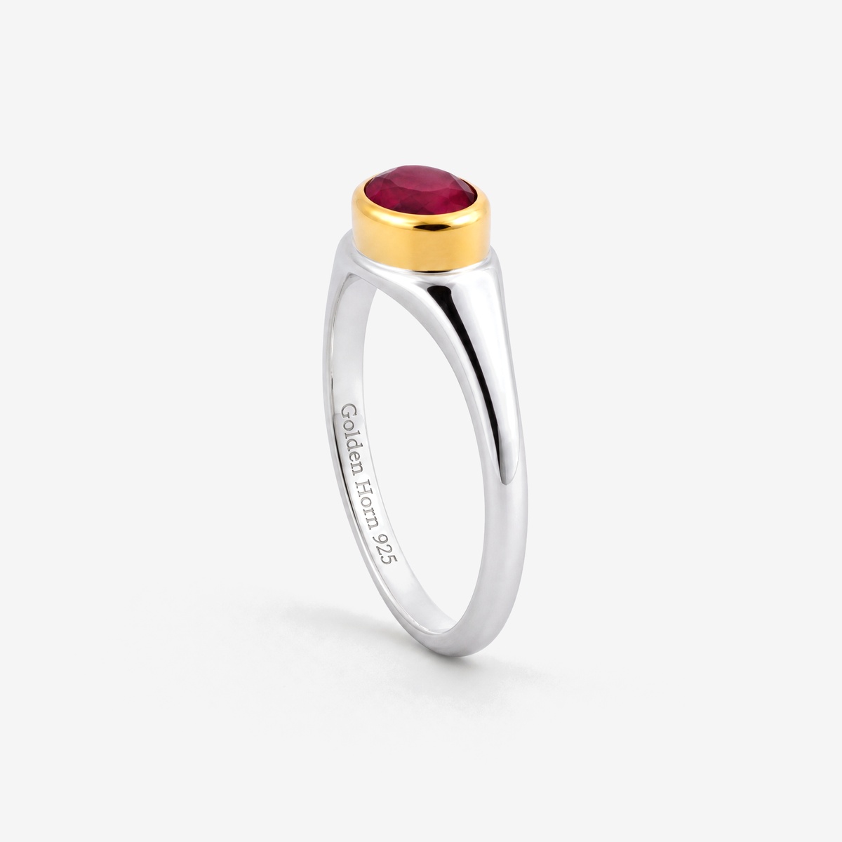 July Ruby Birthstone Ring, side profile showing bezel height and Golden Horn 925 hallmark