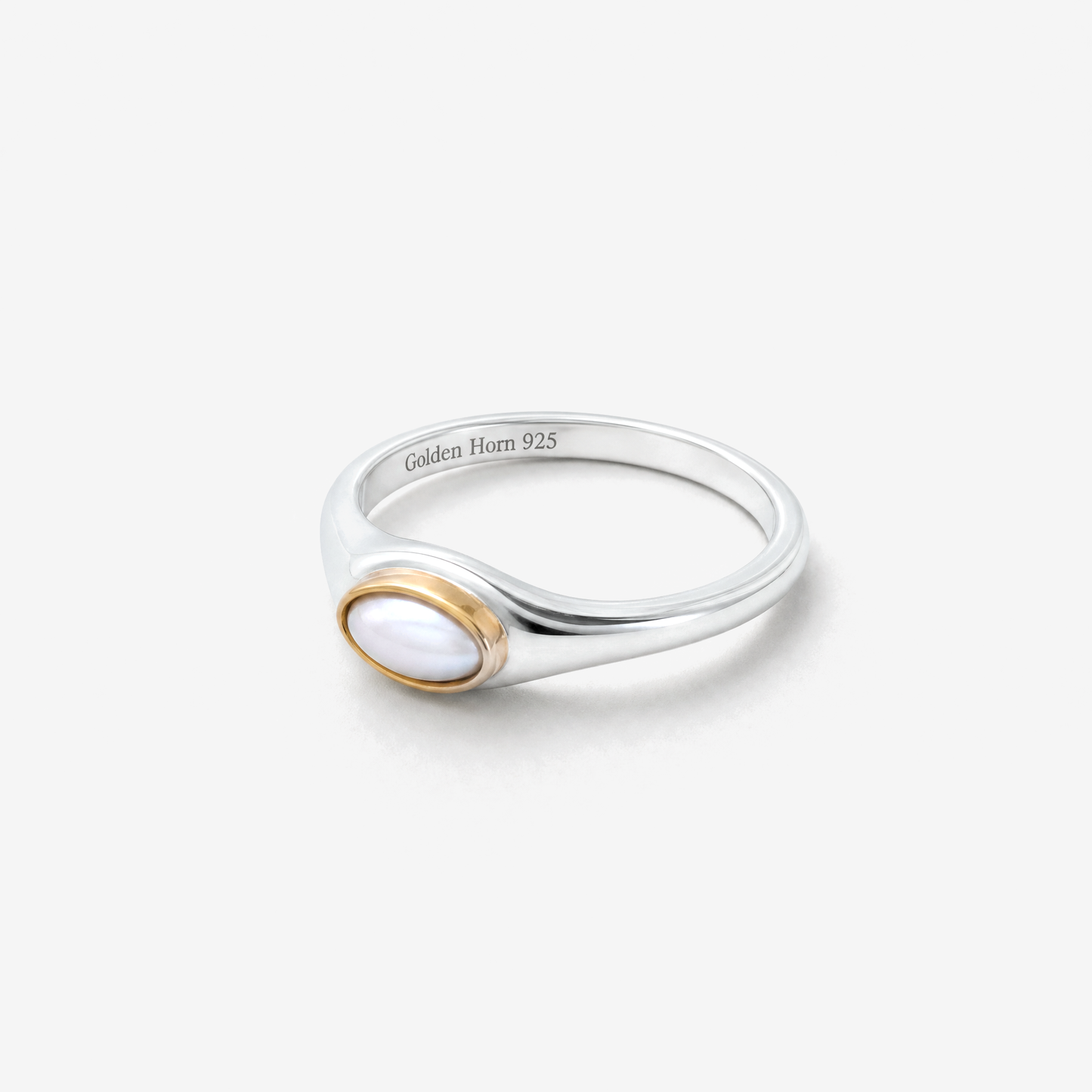 June Pearl Birthstone Ring lying flat, pearl in raised gold bezel - Golden Horn Jewellery