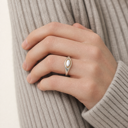 June Pearl Birthstone Ring close-up on hand, pearl in gold bezel - Golden Horn Jewellery