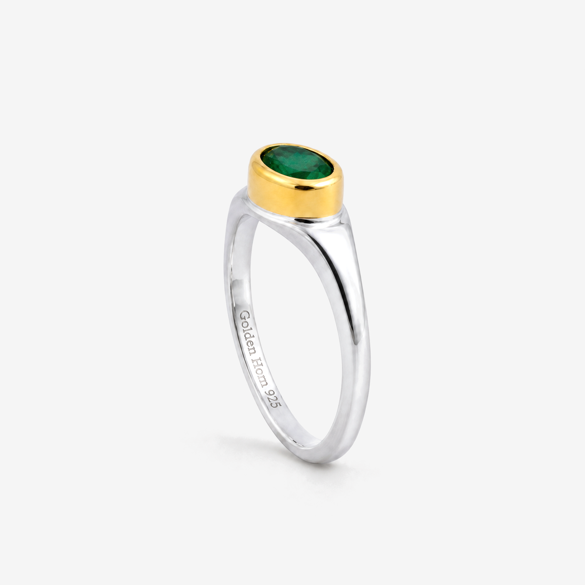 May Emerald Birthstone Ring, side profile showing bezel height and Golden Horn 925 hallmark