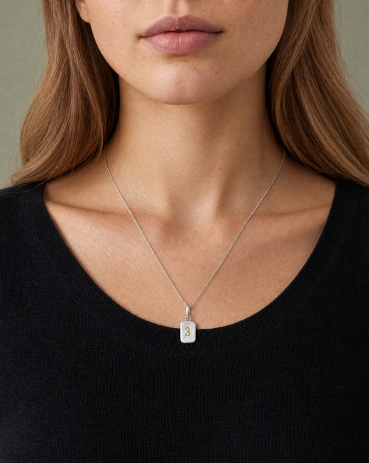 Number 3 Numerology Pendant worn, close-up – Golden Horn Jewellery