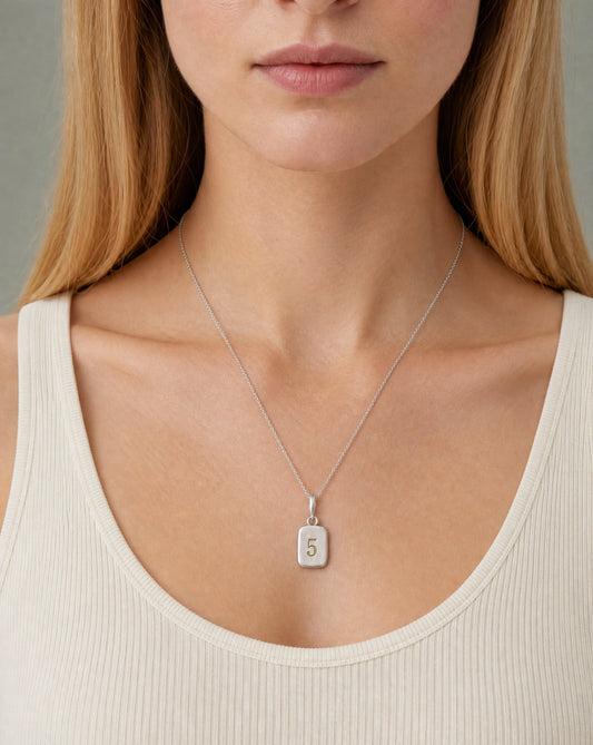 Number 5 Numerology Pendant worn, close-up – Golden Horn Jewellery