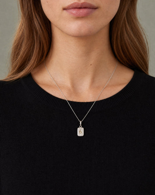 Number 6 Numerology Pendant worn, close-up – Golden Horn Jewellery