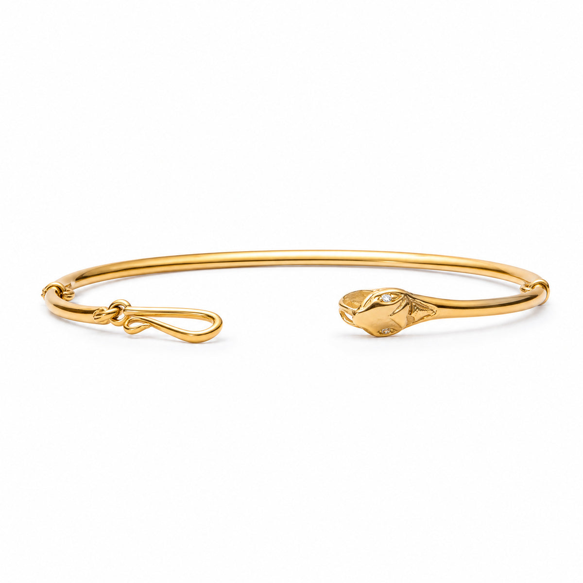 Ouroboros Snake Gold Plated Bracelet side profile showing the tapered band and open ends – handmade jewellery by Golden Horn