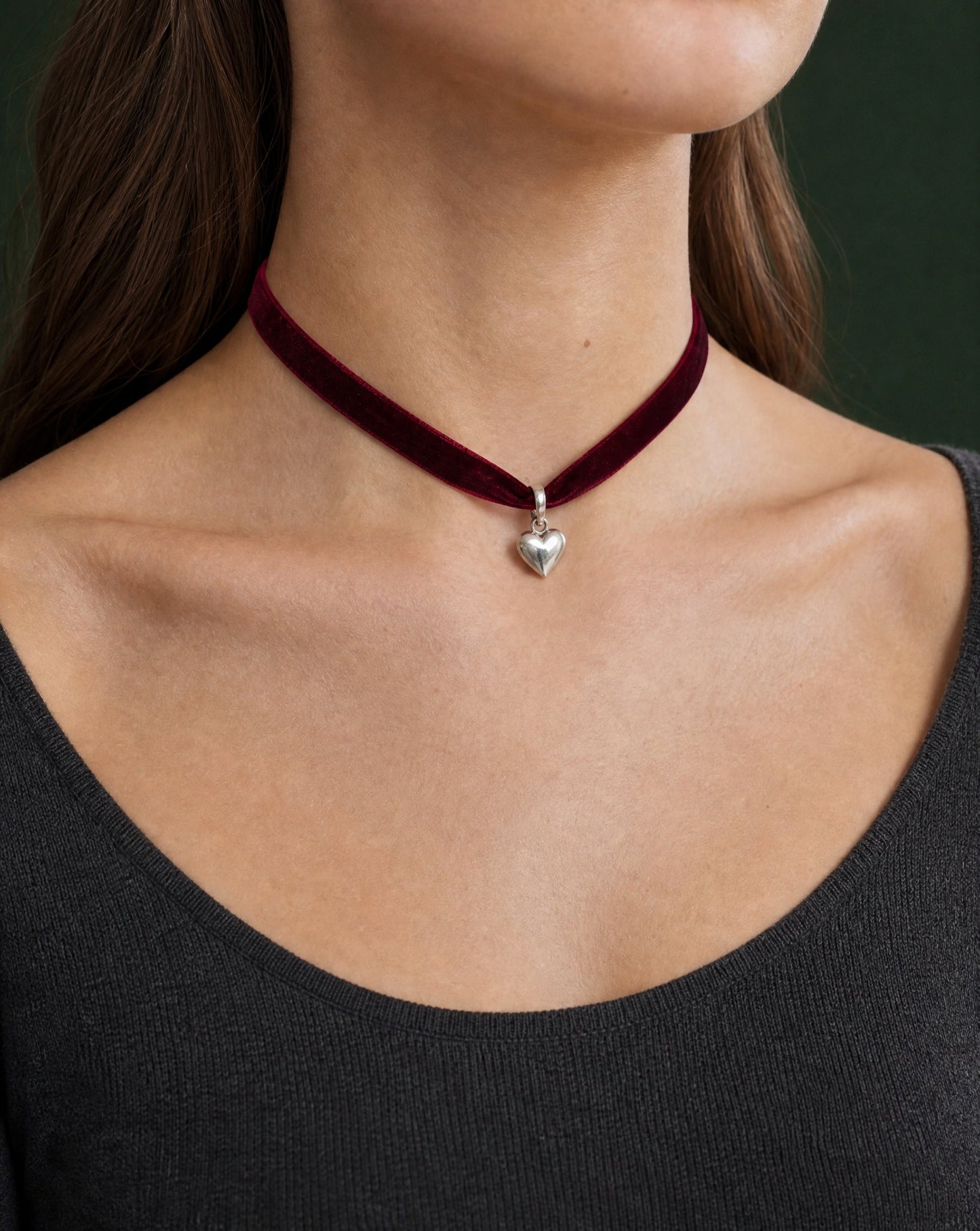 Red Velvet Choker Necklace silver heart charm close-up – Golden Horn Jewellery